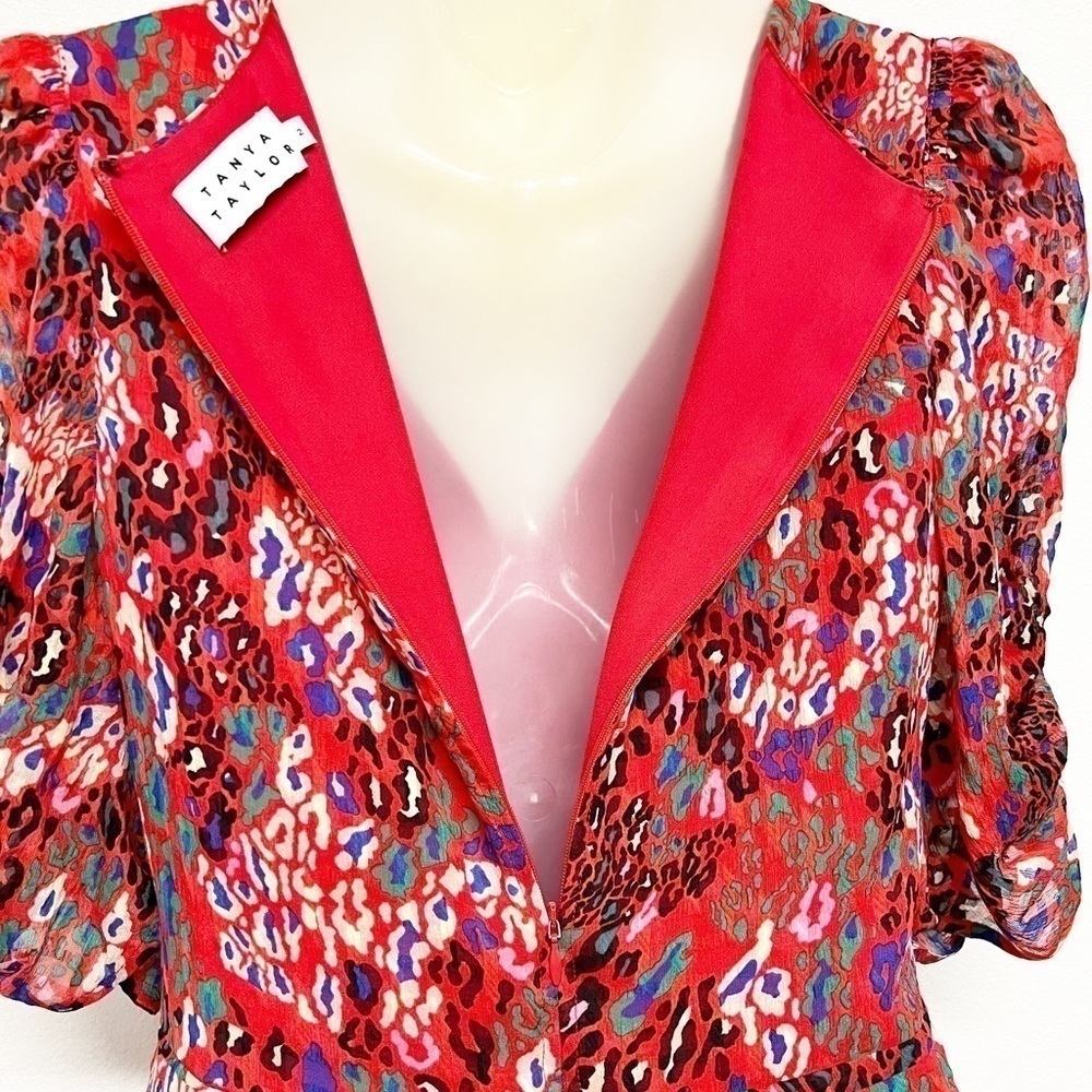 Tanya Taylor Womens Red Leopard Floral Print Pansy Silk Mini Ruffle Dress Sz 2 - Picture 7 of 10